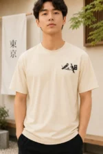 Erkek Ön Ve Arka Tokyo Kuş Çiçek Baskılı Oversize T-Shirt - Ekru - Görsel 2