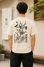 Erkek Ön Ve Arka Tokyo Kuş Çiçek Baskılı Oversize T-Shirt - Ekru - Görsel 3