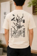 Erkek Ön Ve Arka Tokyo Kuş Çiçek Baskılı Oversize T-Shirt - Ekru - Görsel 4