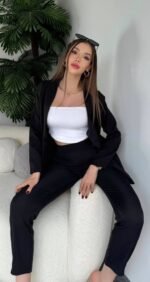 Kadın Atlas Kumaş Ceket Pantolon Takım - Görsel 2