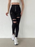 Kadın 5 Düğmeli V Detay Bel Yırtık Kot Pantolon - Görsel 3