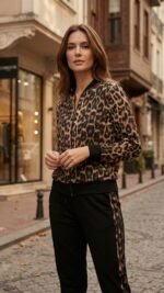 Kadın Uzun Kollu önden Fermuarlı Leopar Desen Detaylı Viskon Iki Iplik Kumaş Ikili Takım - Görsel 2