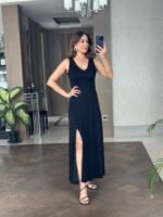 Kadın Askılı V Yakalı Yırtmaçlı Viskon Elbise - Görsel 6