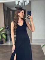 Kadın Askılı V Yakalı Yırtmaçlı Viskon Elbise - Görsel 9