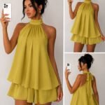 Kadın Halter Yaka Volan Detaylı Mini Elbise