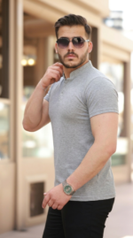 Erkek Hakim Yaka Dokuma Pamuklu Kumaş Kısa Kollu T-shirt - Görsel 4