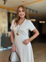 Kadın V Yaka Yırtmaç Detaylı Midi Boy Elbise - Görsel 6