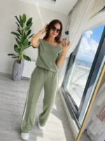 Kadın Tek Omuzdan Açık Yan şerit Detaylı Viskon Iki Iplik Bluz Ve Pantolon Ikili Takım - Görsel 3