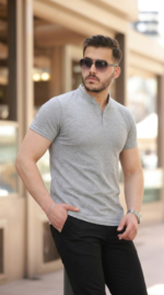 Erkek Hakim Yaka Dokuma Pamuklu Kumaş Kısa Kollu T-shirt