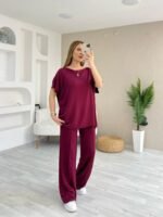 Kadın Kısa Kollu Kayık Yakalı Dikiş Izi Detaylı Viskon Iki Iplik Bluz Ve Pantolon Ikili Takım
