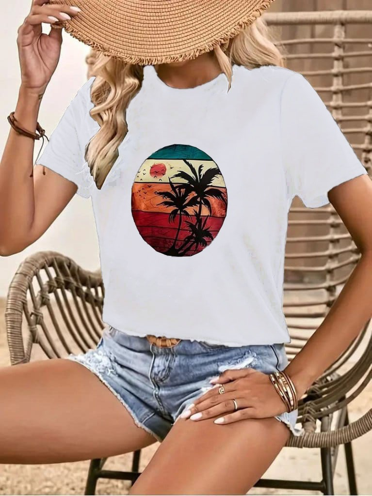 3cf47100da126508a874.jpeg Kadın Kısa Kollu Palmiye Baskılı Viskon T-shirt - Görsel 1