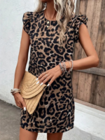 Kadın Kısa Kollu Kolları Fırfır Detay Arkası Bağlamalı Leopar Desen Kolsuz Mini Mikro Elbise - Görsel 5