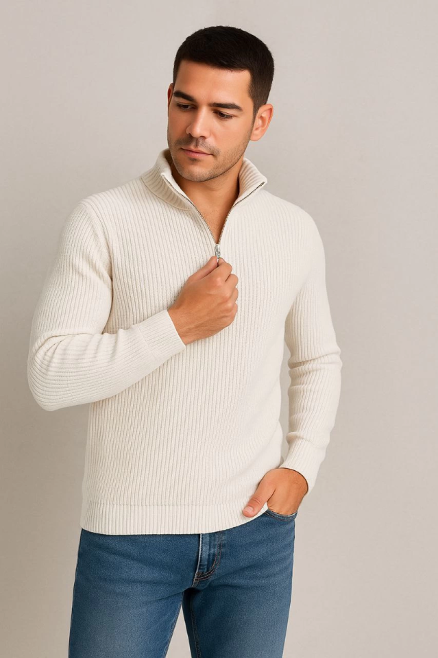 TY68e6d52d791a868e6d52d791aa.png Erkek Yarım Fermuarlı Triko Kazak – Selanik Örgü, Dik Yaka, Pamuklu Dokuma, Regular Fit Uzun Kollu Kışlık Model - Beyaz - Görsel 1