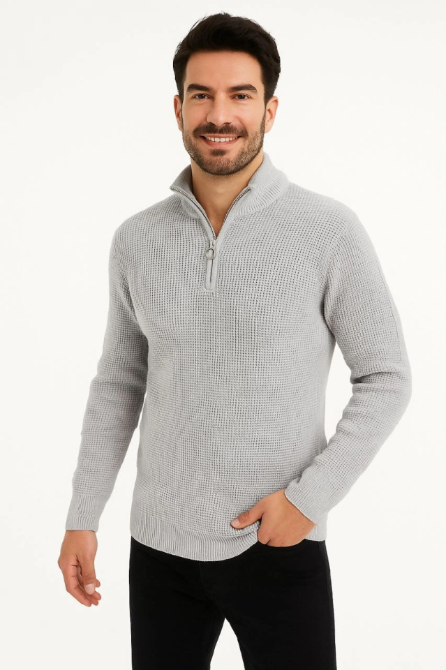 TY692b6a231bb27692b6a231bb28.png Erkek Yarım Fermuarlı Triko Kazak – Selanik Örgü, Dik Yaka, Pamuklu Dokuma, Regular Fit Uzun Kollu Kışlık Model - Gri - Görsel 1
