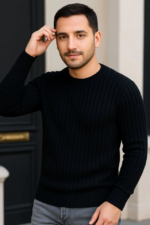 Erkek Fitilli Triko Kazak 3lü Set Bej Gri Siyah Regular Fit Bisiklet Yaka Triko Seti Kazak Modeli - Görsel 2