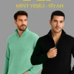 Erkek Fitilli Triko Kazak 2’li Set – Mint Yeşili - Siyah, Kalın Dokuma Pamuklu Regular Fit V Yaka Fermuarlı Uzun Kollu Rahat Kışlık Kazak Kombini