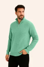Erkek Fitilli Triko Kazak 2’li Set – Mint Yeşili - Siyah, Kalın Dokuma Pamuklu Regular Fit V Yaka Fermuarlı Uzun Kollu Rahat Kışlık Kazak Kombini - Görsel 2