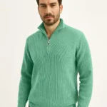 Erkek Fitilli Triko Kazak 2’li Set – Mint Yeşili - Siyah, Kalın Dokuma Pamuklu Regular Fit V Yaka Fermuarlı Uzun Kollu Rahat Kışlık Kazak Kombini - Görsel 4