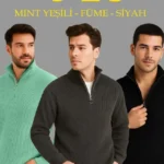 Erkek Fitilli Triko Kazak 3’lü Set – Mint Yeşili, Siyah, Füme Kalın Dokuma Pamuklu Regular Fit V Yaka Fermuarlı Uzun Kollu Rahat Kışlık Kazak Kombini