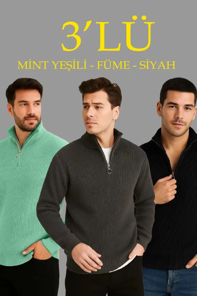 TY6942c150eea756942c150eea77.webp Erkek Fitilli Triko Kazak 3’lü Set – Mint Yeşili, Siyah, Füme Kalın Dokuma Pamuklu Regular Fit V Yaka Fermuarlı Uzun Kollu Rahat Kışlık Kazak Kombini - Görsel 1