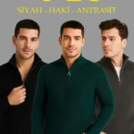 Erkek Fitilli Triko Kazak 3’lü Set – Haki, Siyah, Antrasit Kalın Dokuma Pamuklu Regular Fit V Yaka Fermuarlı Uzun Kollu Rahat Kışlık Kazak Kombini