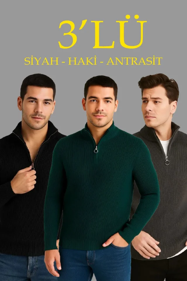 TY694ac66c218d8694ac66c218dc.webp Erkek Fitilli Triko Kazak 3’lü Set – Haki, Siyah, Antrasit Kalın Dokuma Pamuklu Regular Fit V Yaka Fermuarlı Uzun Kollu Rahat Kışlık Kazak Kombini - Görsel 1