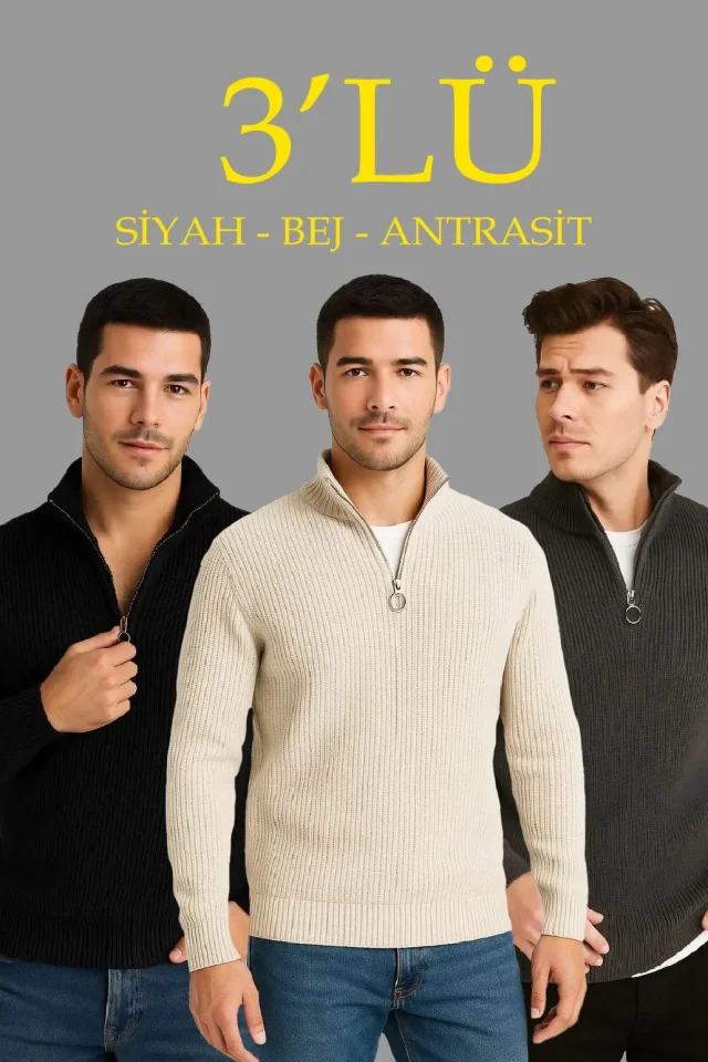 TY694ac677947b9694ac677947bb.webp Erkek Fitilli Triko Kazak 3’lü Set – Antrasit, Siyah, Bej Kalın Dokuma Pamuklu Regular Fit V Yaka Fermuarlı Uzun Kollu Rahat Kışlık Kazak Kombini - Görsel 1