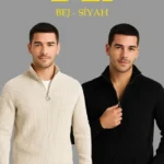 Erkek Fitilli Triko Kazak 2’li Set – Siyah - Bej Kalın Dokuma Pamuklu Regular Fit V Yaka Fermuarlı Uzun Kollu Rahat Kışlık Kazak Kombini