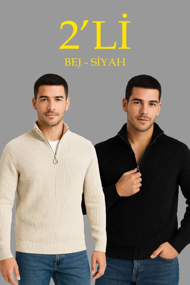 TY694ac67d4a4a7694ac67d4a4a9.webp Erkek Fitilli Triko Kazak 2’li Set – Siyah - Bej Kalın Dokuma Pamuklu Regular Fit V Yaka Fermuarlı Uzun Kollu Rahat Kışlık Kazak Kombini - Görsel 1