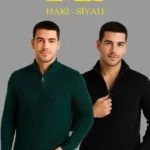 Erkek Fitilli Triko Kazak 2’li Set – Siyah - Haki Kalın Dokuma Pamuklu Regular Fit V Yaka Fermuarlı Uzun Kollu Rahat Kışlık Kazak Kombini