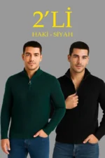 Erkek Fitilli Triko Kazak 2’li Set – Siyah - Haki Kalın Dokuma Pamuklu Regular Fit V Yaka Fermuarlı Uzun Kollu Rahat Kışlık Kazak Kombini