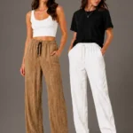 2li Bürümcük Kumaş Beli Lastikli Bağcıklı Bol Paça Pantolon - Beyaz/Vizon