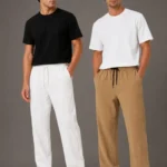 Erkek 2li Bürümcük Kumaş Beli Lastikli Bağcıklı Bol Paça Pantolon - Beyaz/Vizon