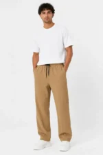 Erkek 2li Bürümcük Kumaş Beli Lastikli Bağcıklı Bol Paça Pantolon - Beyaz/Vizon - Görsel 2