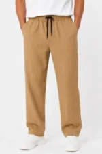 Erkek 2li Bürümcük Kumaş Beli Lastikli Bağcıklı Bol Paça Pantolon - Beyaz/Vizon - Görsel 3