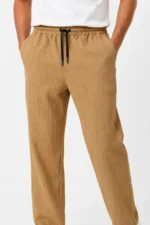 Erkek 2li Bürümcük Kumaş Beli Lastikli Bağcıklı Bol Paça Pantolon - Beyaz/Vizon - Görsel 4