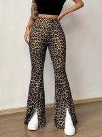 Kadın Yüksek Bel Leopar Desenli Yırtmaçlı Dalgıç Tayt - Görsel 4
