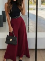 Kadın Yüksek Bel Kemerli Double Kumaş Palazzo Pantolon - Görsel 2