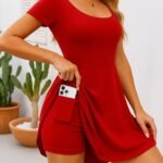 Kadın Kısa Kollu Kare Yaka Short Detaylı Cepli Dalgıç Elbise