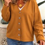Kadın Düğme Detaylı V Yaka Oversize Camel Ceket / Hırka