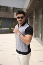 Erkek Polo Yaka Fermuar Detaylı Çizgili Tişört - Görsel 2