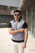 Erkek Polo Yaka Fermuar Detaylı Çizgili Tişört - Görsel 3