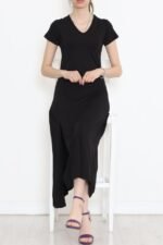 V Yaka Elbise Siyah - Görsel 7