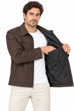 Erkek Su İtici Rüzgar Keser Astarlı Tam Fermuarlı 4 Mevsim Regular Fit Mont Ceket - Kahverengi - Görsel 4