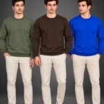 Erkek 3Lü Bisiklet Yaka İçi Şardonlu 2 İplik Düz Uzun Kollu Regular Fit Sweatshirt - Haki - Kahverengi - Mavi