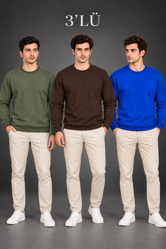 TY6ab53e25da8f06ab53e25da8f1.webp Erkek 3Lü Bisiklet Yaka İçi Şardonlu 2 İplik Düz Uzun Kollu Regular Fit Sweatshirt - Haki - Kahverengi - Mavi - Görsel 1