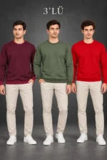 Erkek 3Lü Bisiklet Yaka İçi Şardonlu 2 İplik Düz Uzun Kollu Regular Fit Sweatshirt -Bordo - Gri - Kırmızı