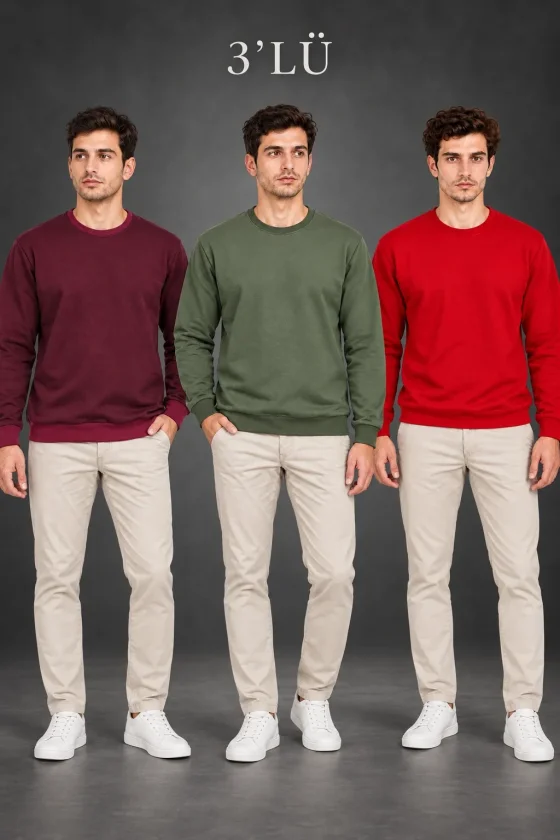 TY6ab53e2b578766ab53e2b57878.webp Erkek 3Lü Bisiklet Yaka İçi Şardonlu 2 İplik Düz Uzun Kollu Regular Fit Sweatshirt -Bordo - Gri - Kırmızı - Görsel 1