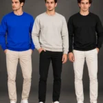 Erkek 3Lü Bisiklet Yaka İçi Şardonlu 2 İplik Düz Uzun Kollu Regular Fit Sweatshirt -Mavi - Gri - Siyah