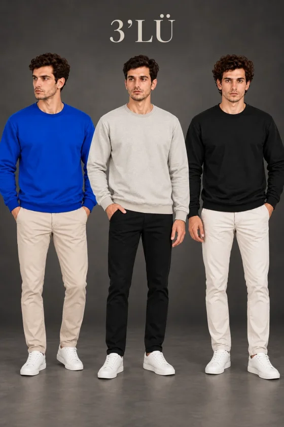 TY6ab53e30c18816ab53e30c1883.webp Erkek 3Lü Bisiklet Yaka İçi Şardonlu 2 İplik Düz Uzun Kollu Regular Fit Sweatshirt -Mavi - Gri - Siyah - Görsel 1